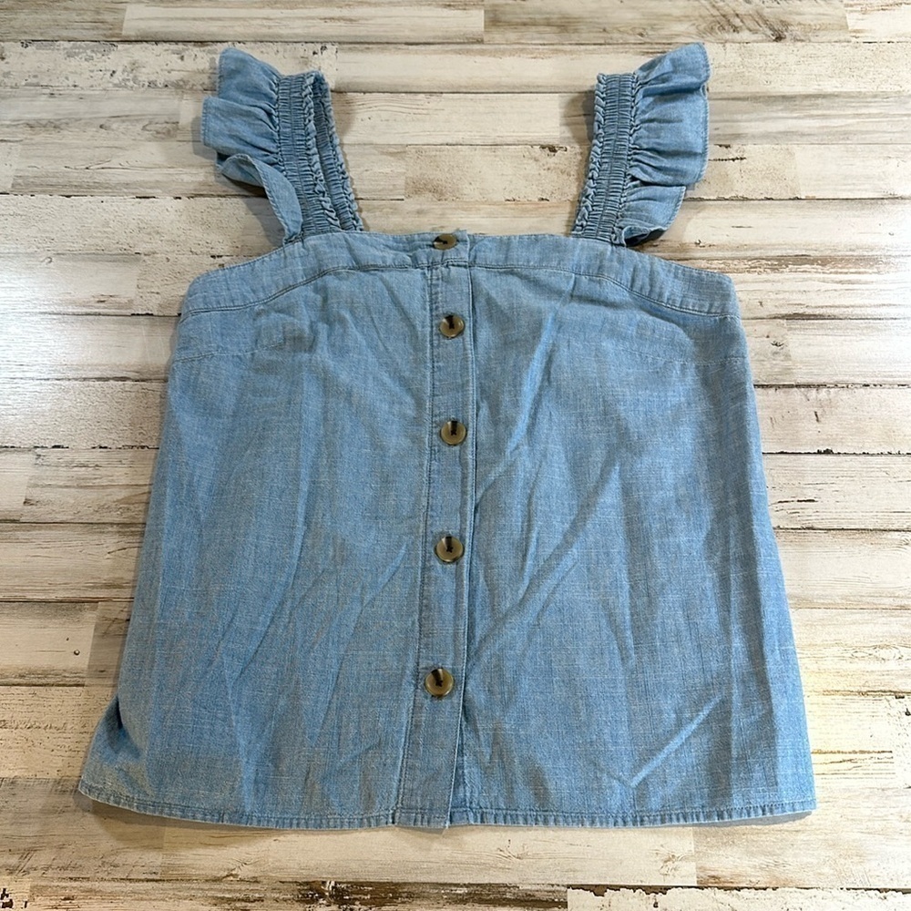 NWT J Crew Factory Denim Chambray Ruffle Strap Top 100% Cotton - Picture 1 of 5